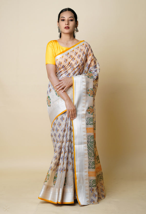 Cream Pure  Dyed Printed Chanderi Sico Saree-UNM73334