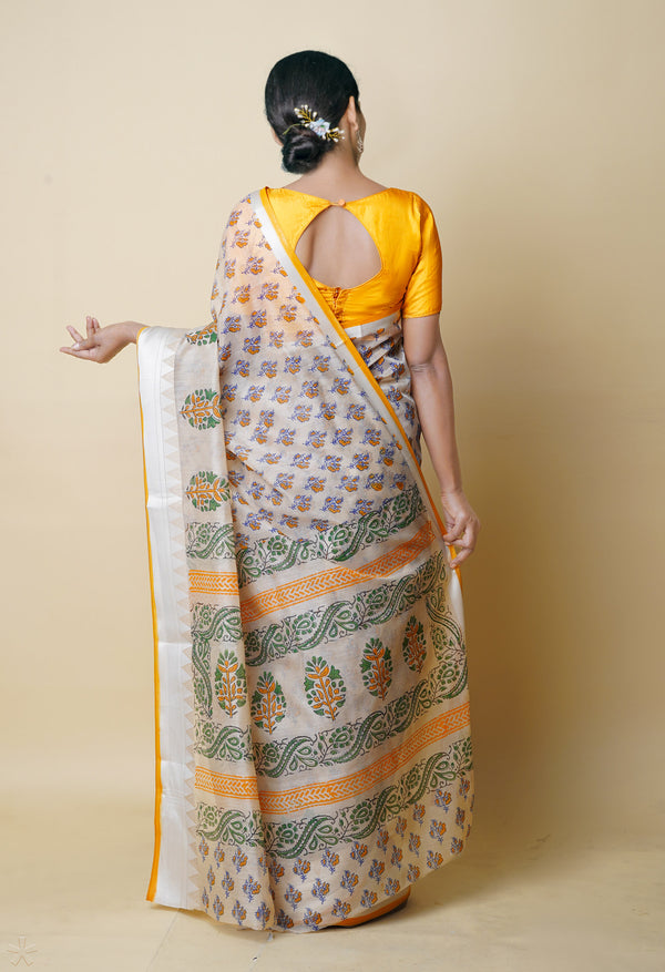 Cream Pure  Dyed Printed Chanderi Sico Saree-UNM73334