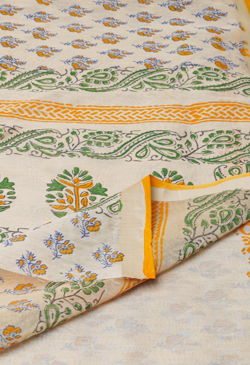 Cream Pure  Dyed Printed Chanderi Sico Saree-UNM73334