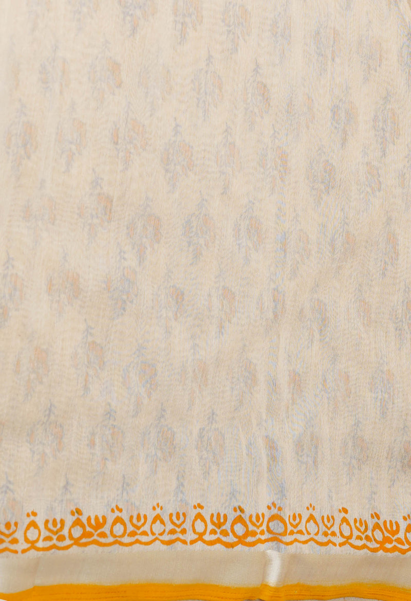 Cream Pure  Dyed Printed Chanderi Sico Saree-UNM73334