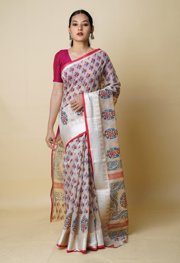 Cream Pure  Dyed Printed Chanderi Sico Saree-UNM73335
