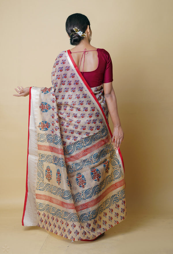 Cream Pure  Dyed Printed Chanderi Sico Saree-UNM73335