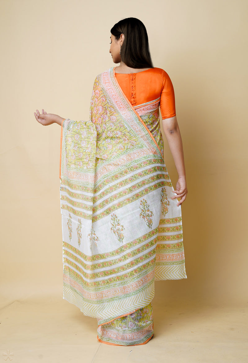 Green Pure  Block Printed Kota Cotton Saree With Cotton Blouse Piece-UNM73286