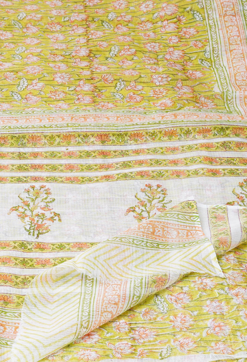 Green Pure  Block Printed Kota Cotton Saree With Cotton Blouse Piece-UNM73286