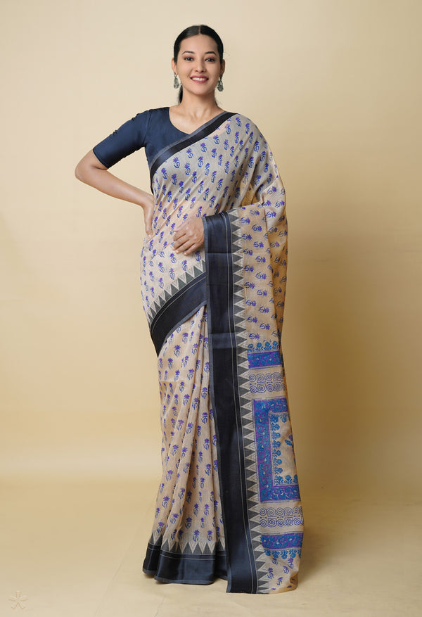 Cream Pure  Dyed Printed Chanderi Sico Saree-UNM73336