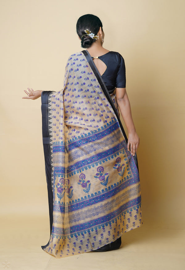 Cream Pure  Dyed Printed Chanderi Sico Saree-UNM73336