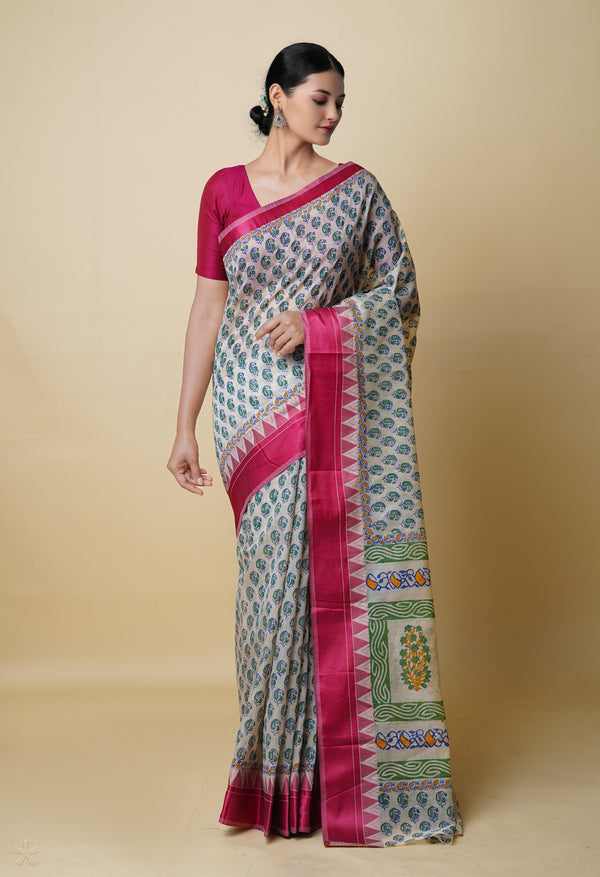 Cream Pure  Dyed Printed Chanderi Sico Saree-UNM73337