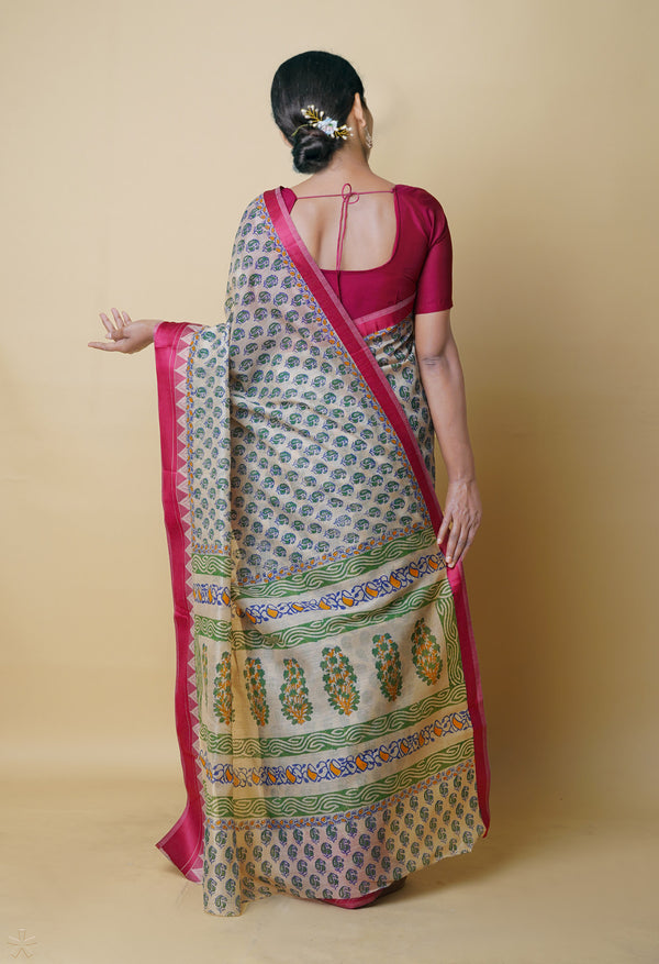 Cream Pure  Dyed Printed Chanderi Sico Saree-UNM73337