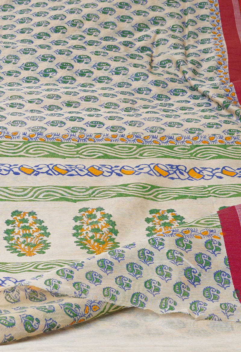 Cream Pure  Dyed Printed Chanderi Sico Saree-UNM73337