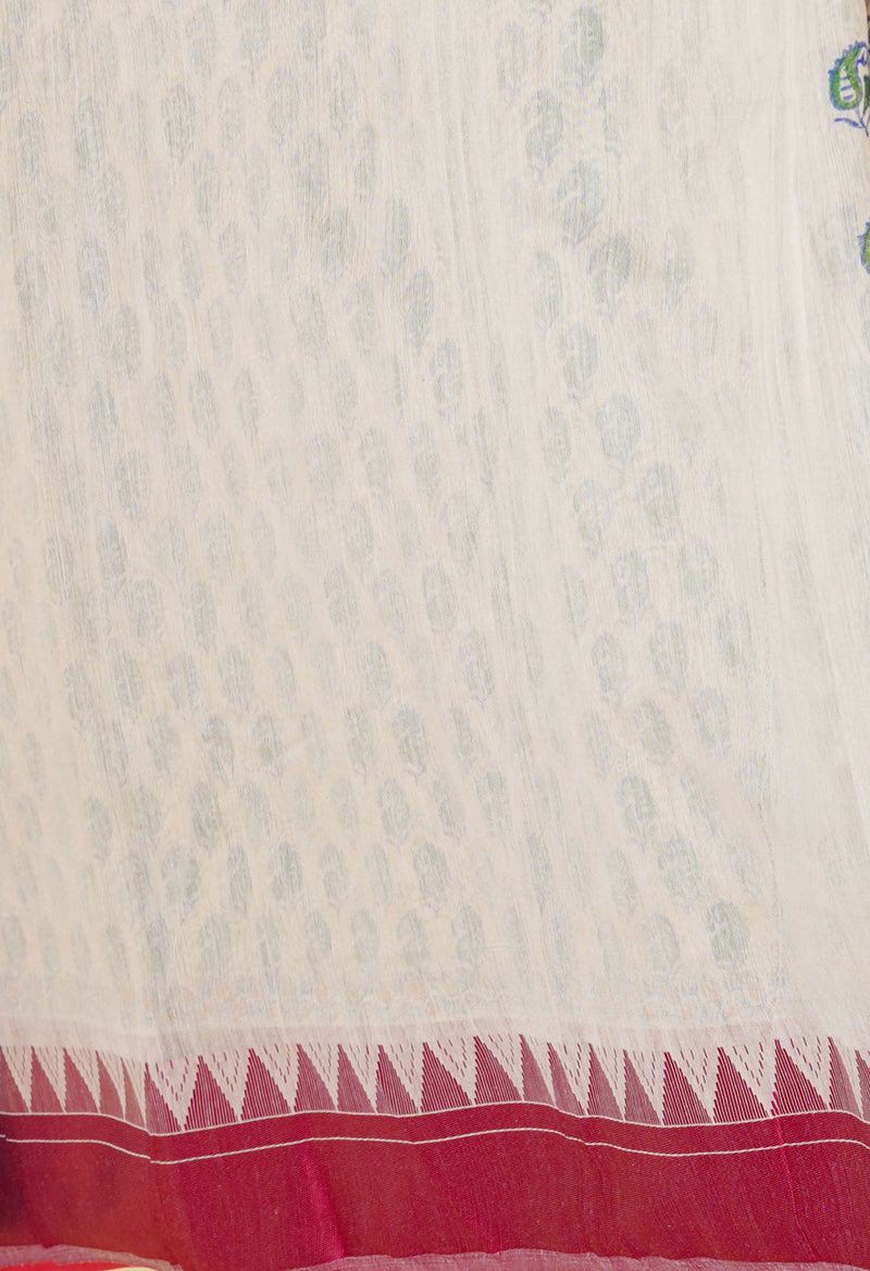 Cream Pure  Dyed Printed Chanderi Sico Saree-UNM73337