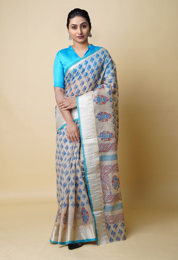 Cream Pure  Dyed Printed Chanderi Sico Saree-UNM73338