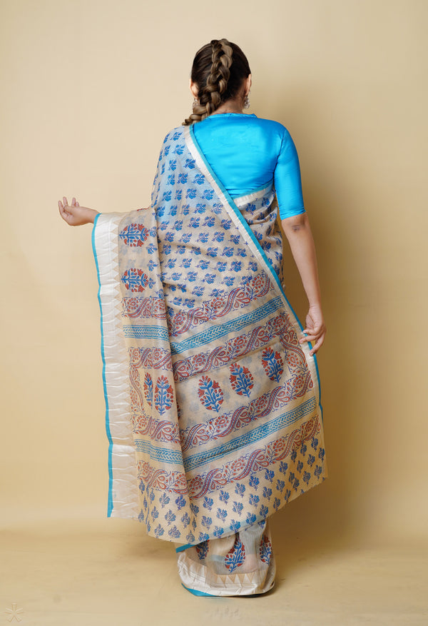 Cream Pure  Dyed Printed Chanderi Sico Saree-UNM73338