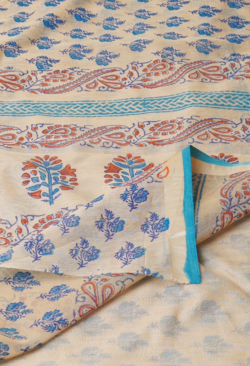 Cream Pure  Dyed Printed Chanderi Sico Saree-UNM73338