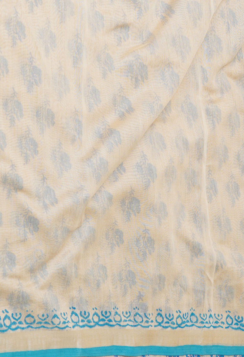 Cream Pure  Dyed Printed Chanderi Sico Saree-UNM73338