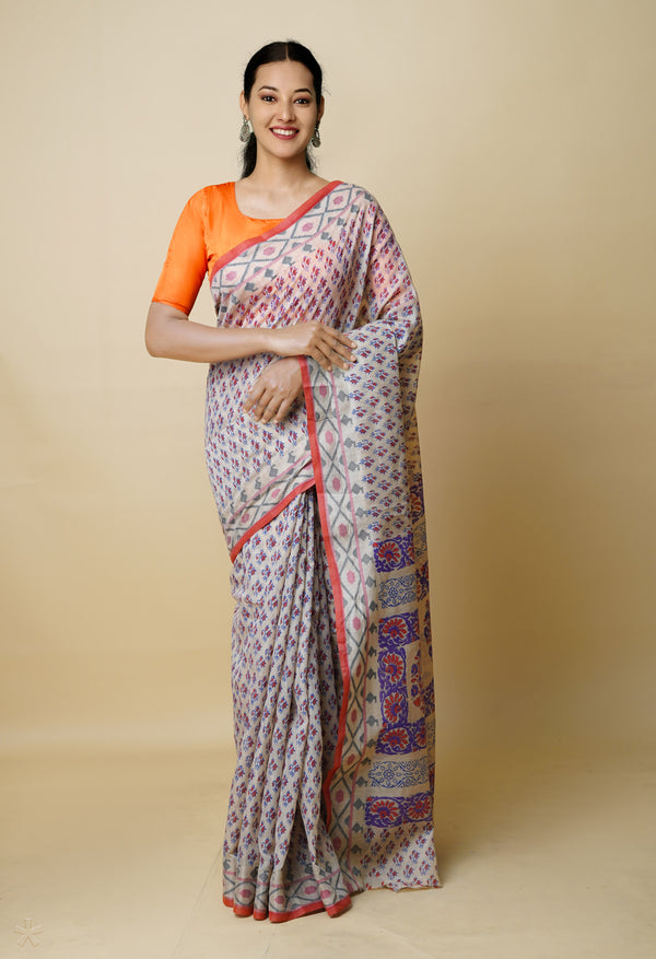Cream Pure  Dyed Printed Chanderi Sico Saree-UNM73339