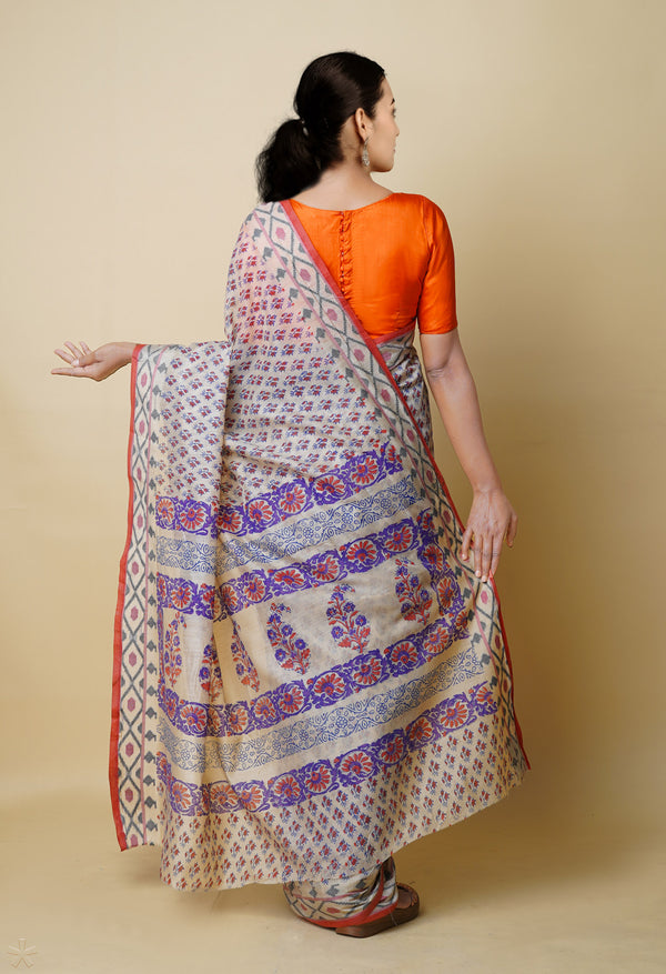Cream Pure  Dyed Printed Chanderi Sico Saree-UNM73339