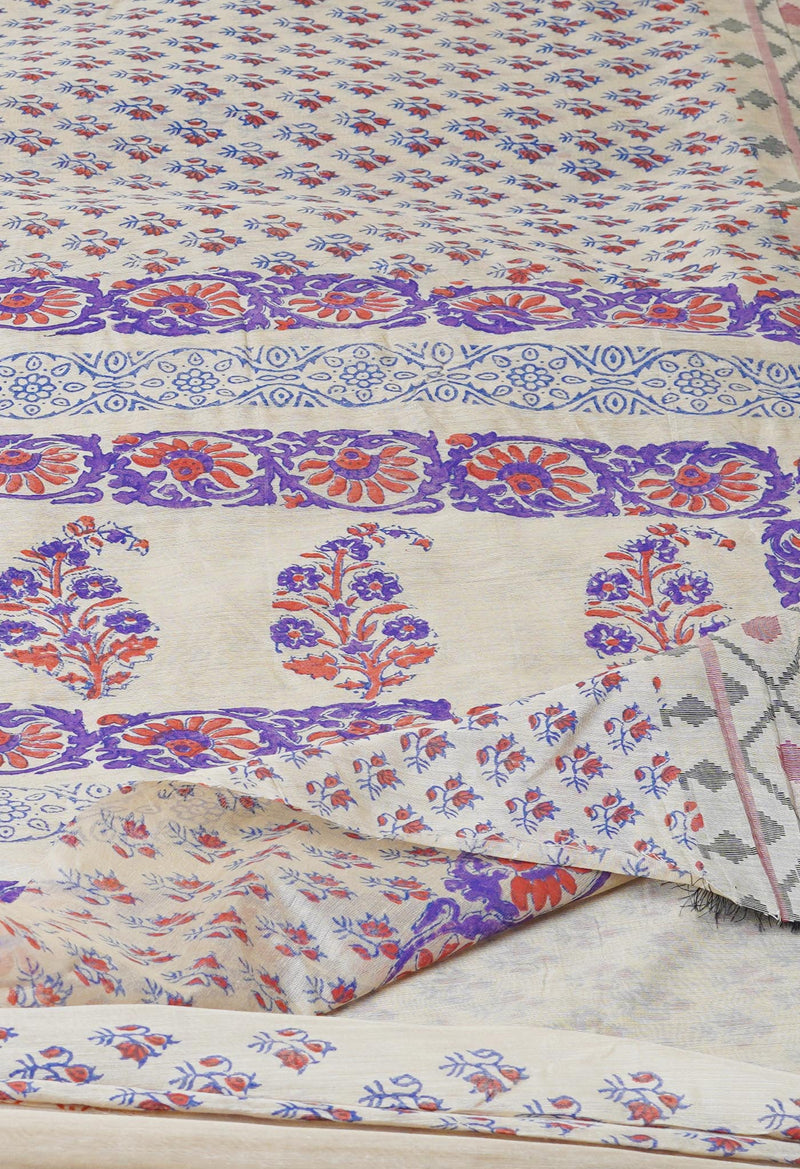 Cream Pure  Dyed Printed Chanderi Sico Saree-UNM73339