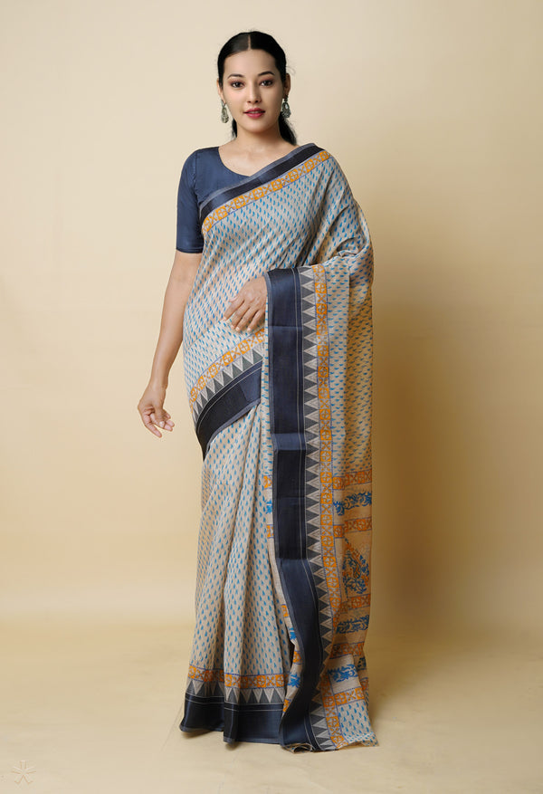 Cream Pure  Dyed Printed Chanderi Sico Saree-UNM73340