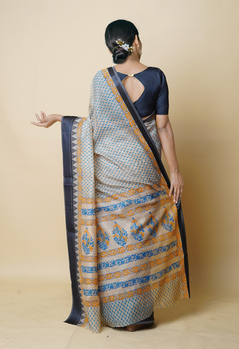 Cream Pure  Dyed Printed Chanderi Sico Saree-UNM73340
