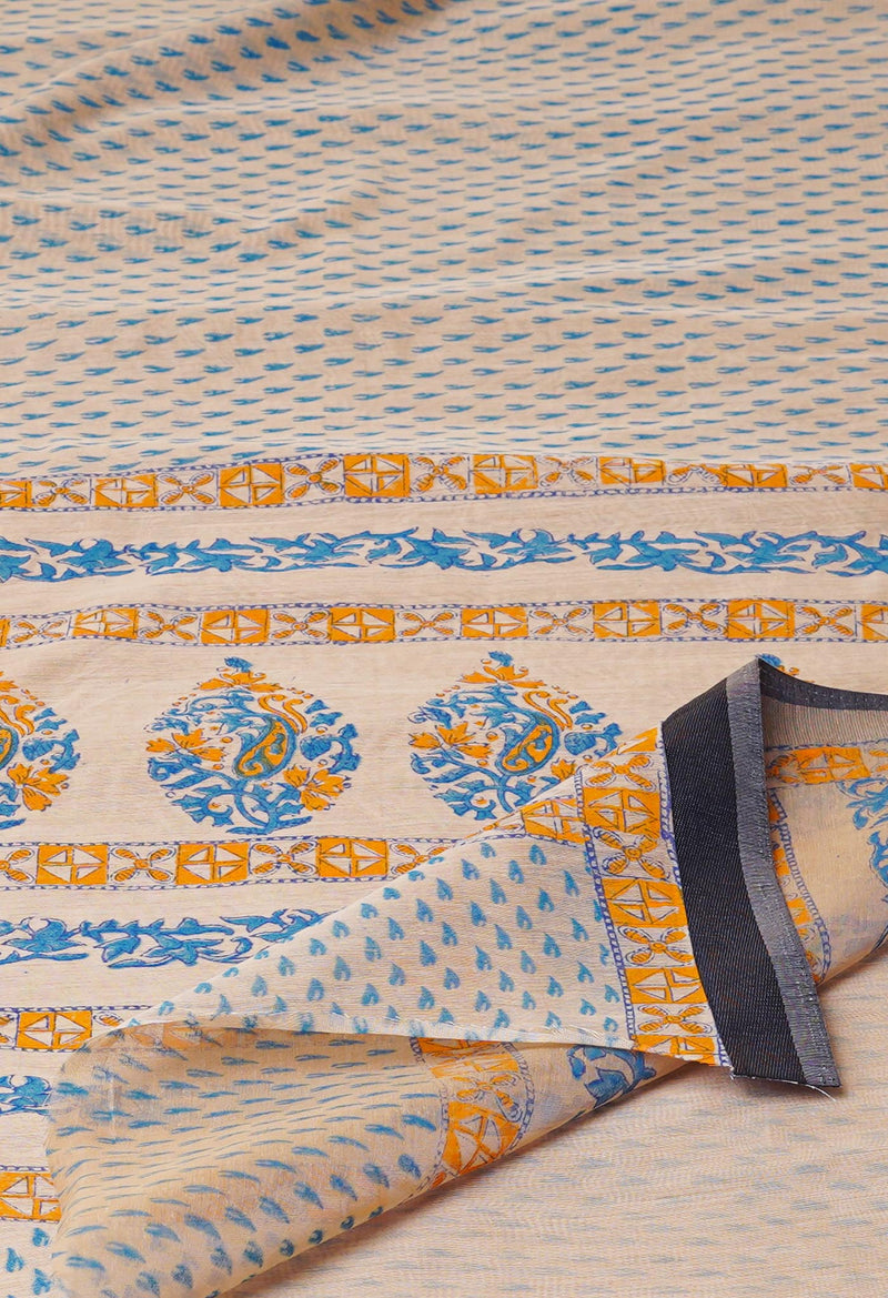 Cream Pure  Dyed Printed Chanderi Sico Saree-UNM73340