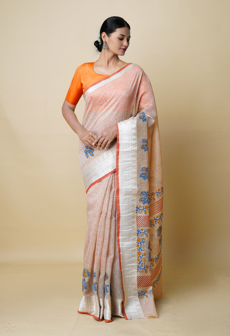 Cream Pure  Dyed Printed Chanderi Sico Saree-UNM73341