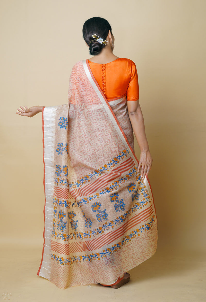 Cream Pure  Dyed Printed Chanderi Sico Saree-UNM73341