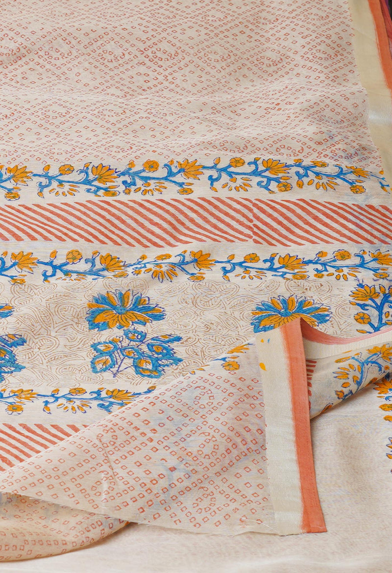Cream Pure  Dyed Printed Chanderi Sico Saree-UNM73341