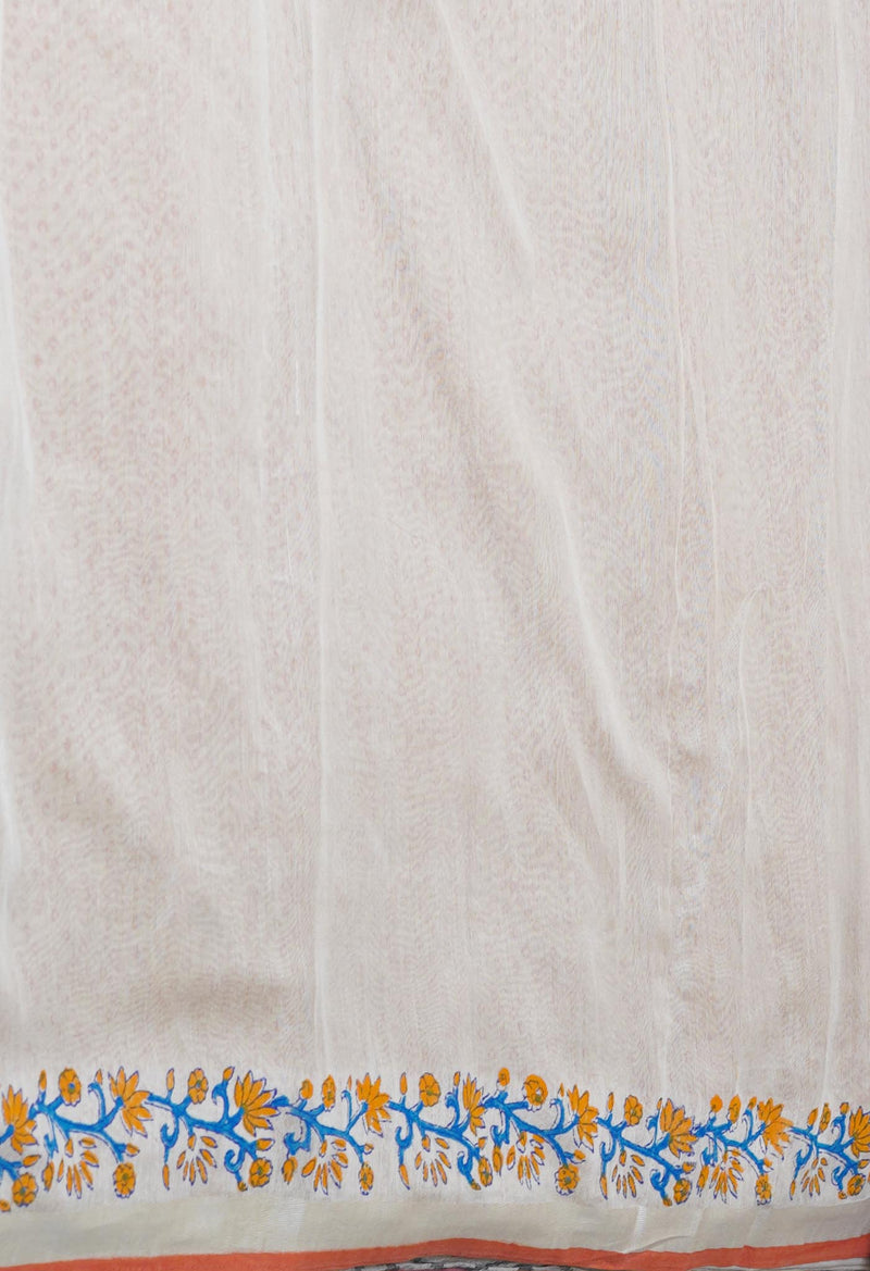 Cream Pure  Dyed Printed Chanderi Sico Saree-UNM73341
