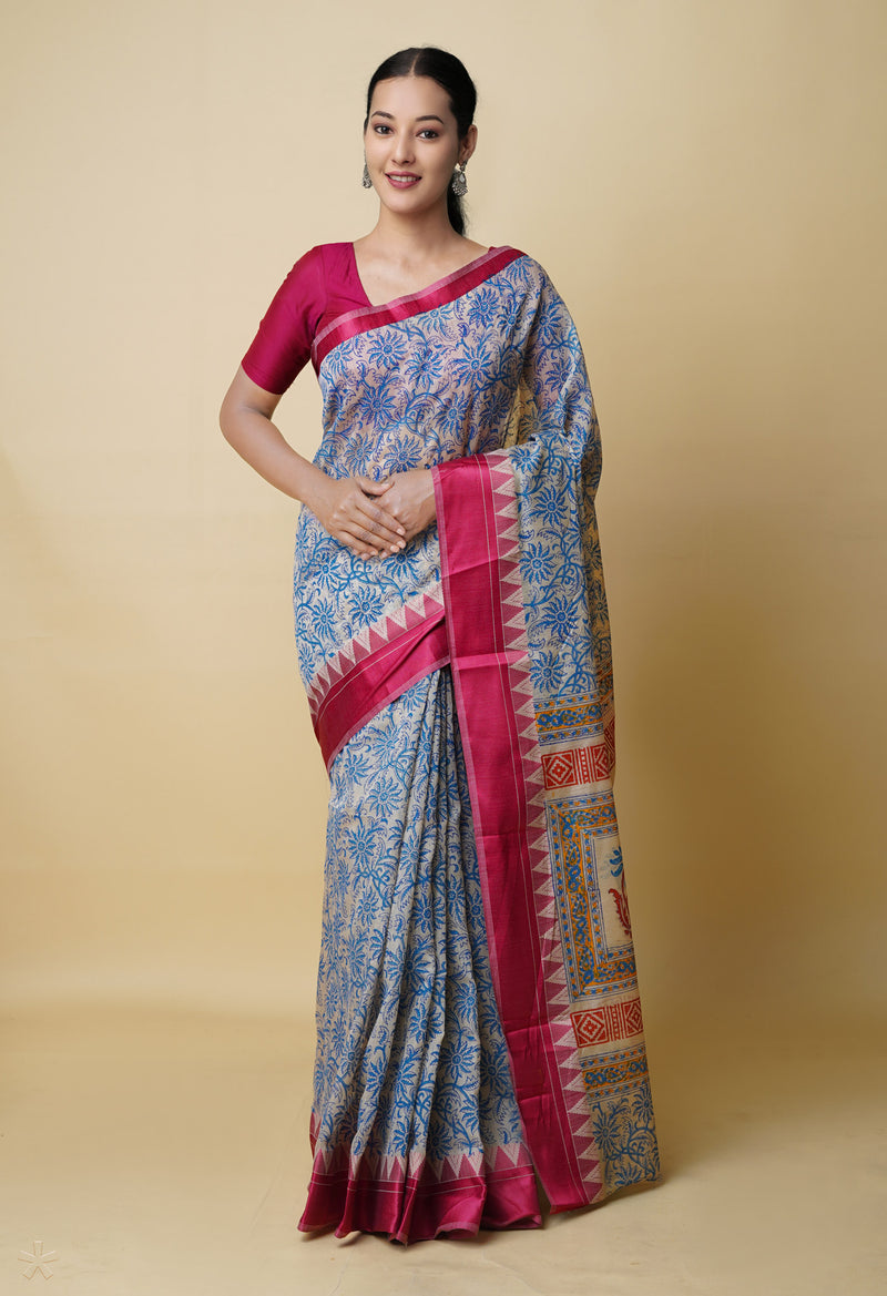 Cream Pure  Dyed Printed Chanderi Sico Saree-UNM73342