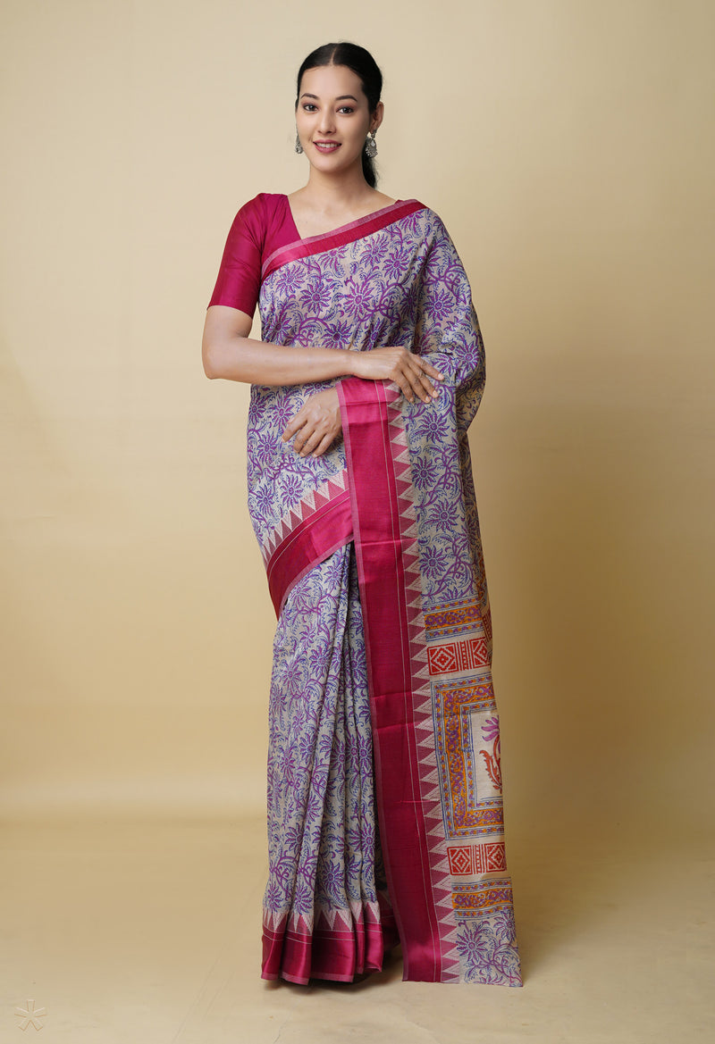 Cream Pure  Dyed Printed Chanderi Sico Saree-UNM73346