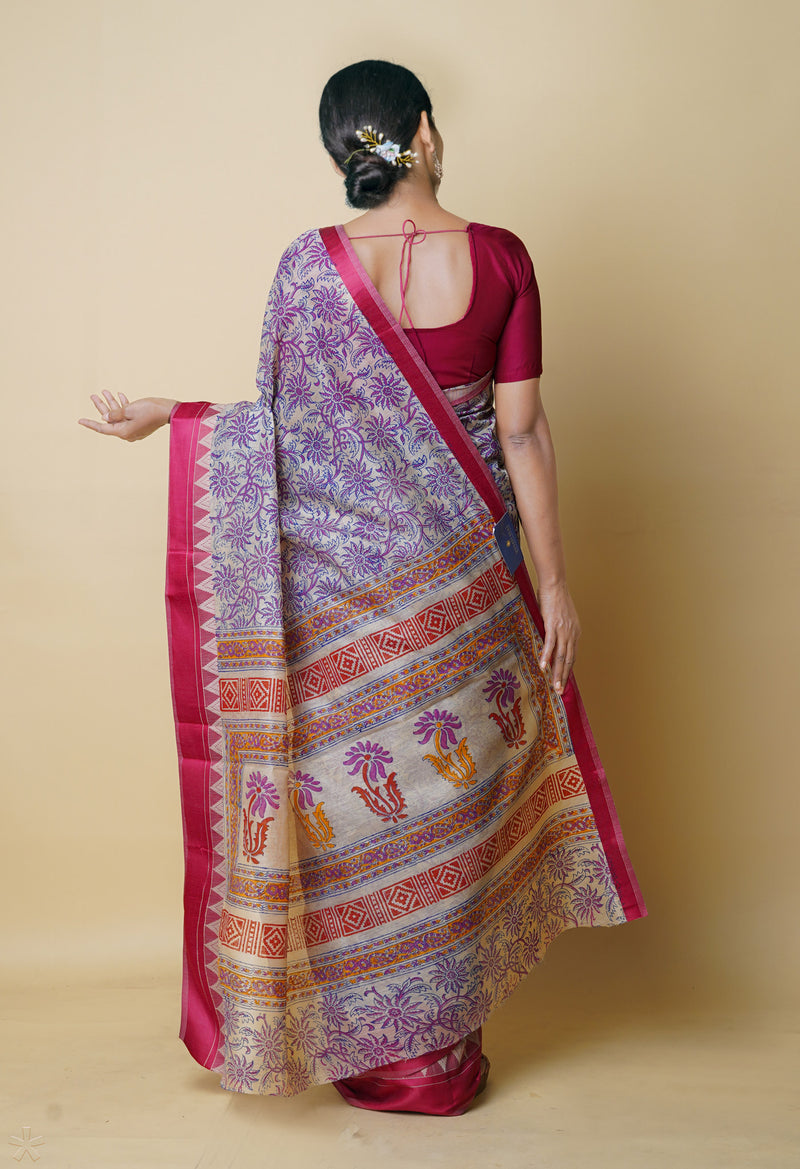 Cream Pure  Dyed Printed Chanderi Sico Saree-UNM73346