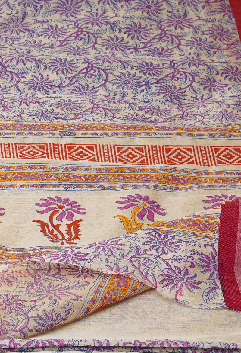 Cream Pure  Dyed Printed Chanderi Sico Saree-UNM73346