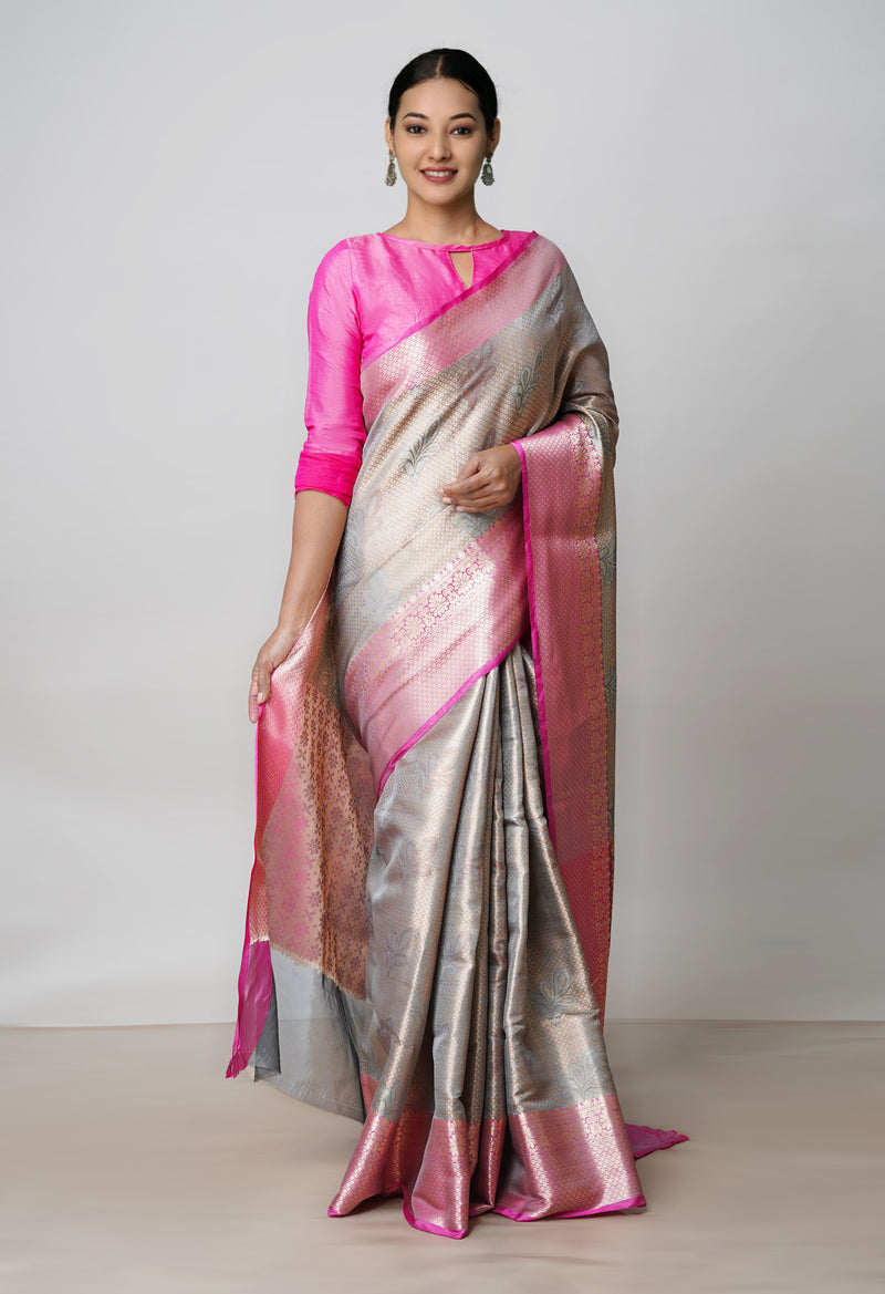 Grey  Brocade Banarasi Sico Saree-UNM73371