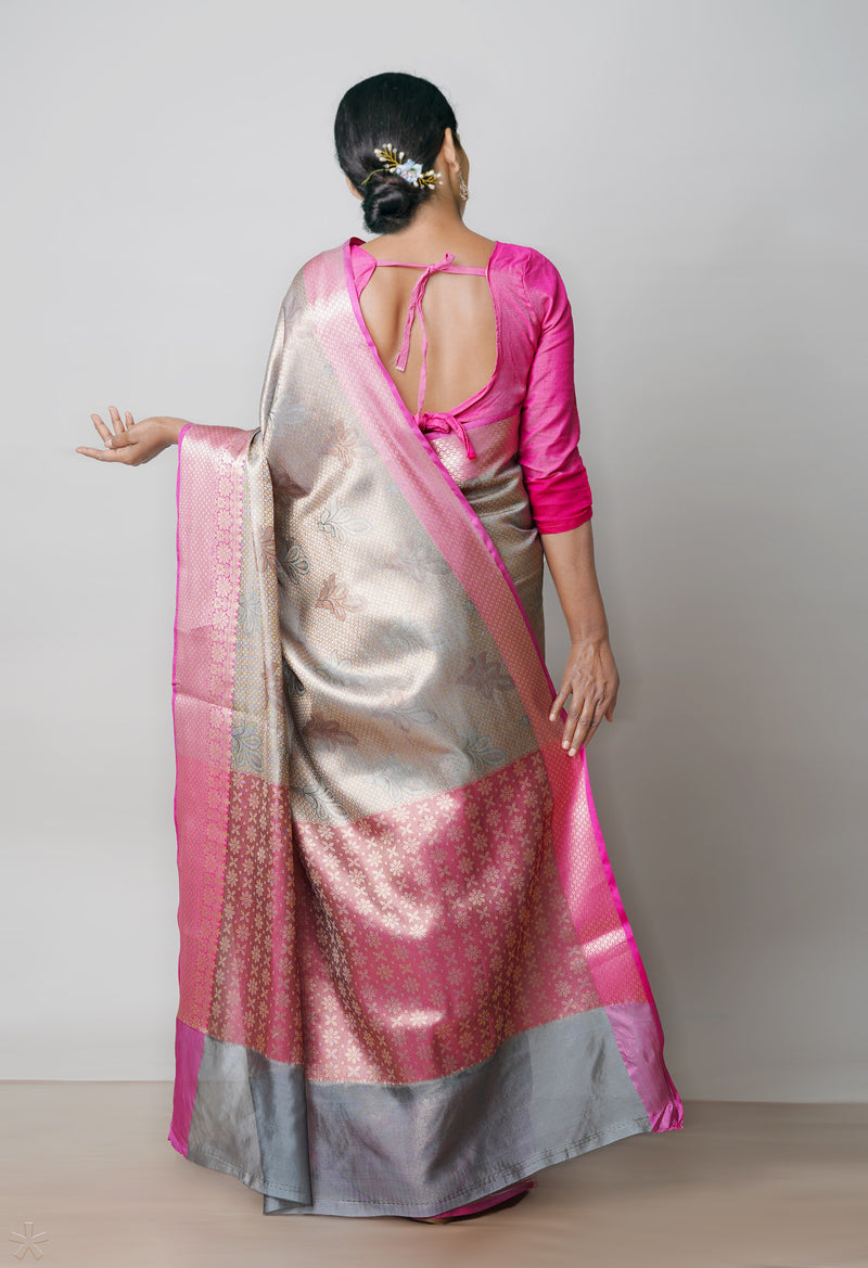 Grey  Brocade Banarasi Sico Saree-UNM73371