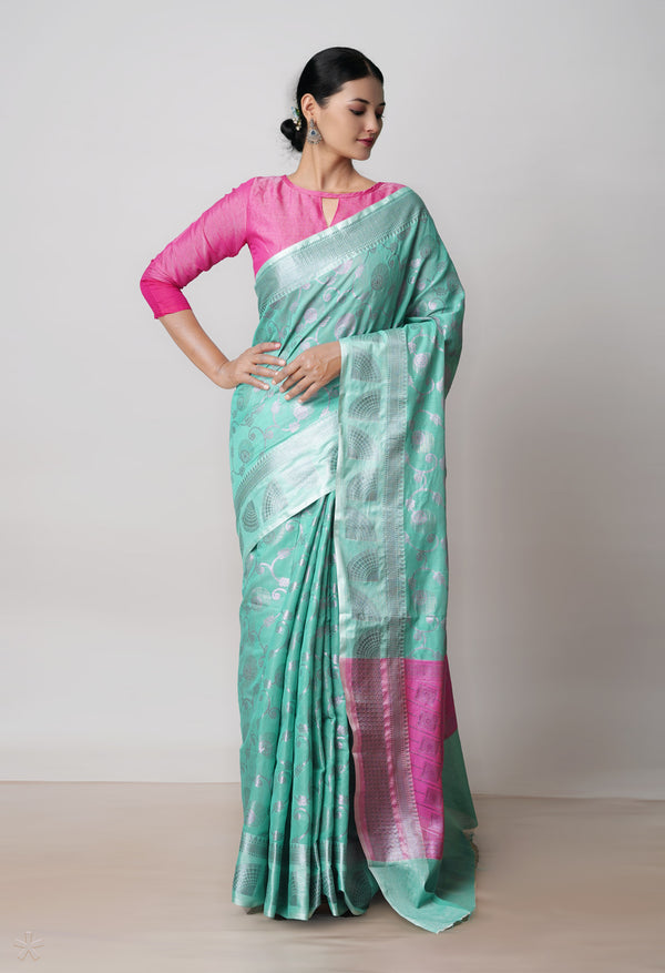 Green  Banarasi Chanderi Sico Saree-UNM73390