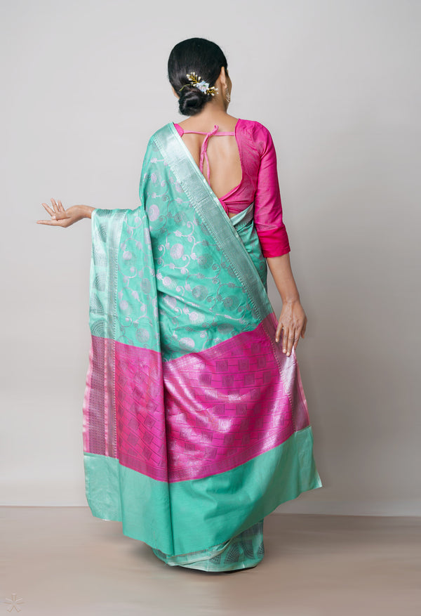 Green  Banarasi Chanderi Sico Saree-UNM73390