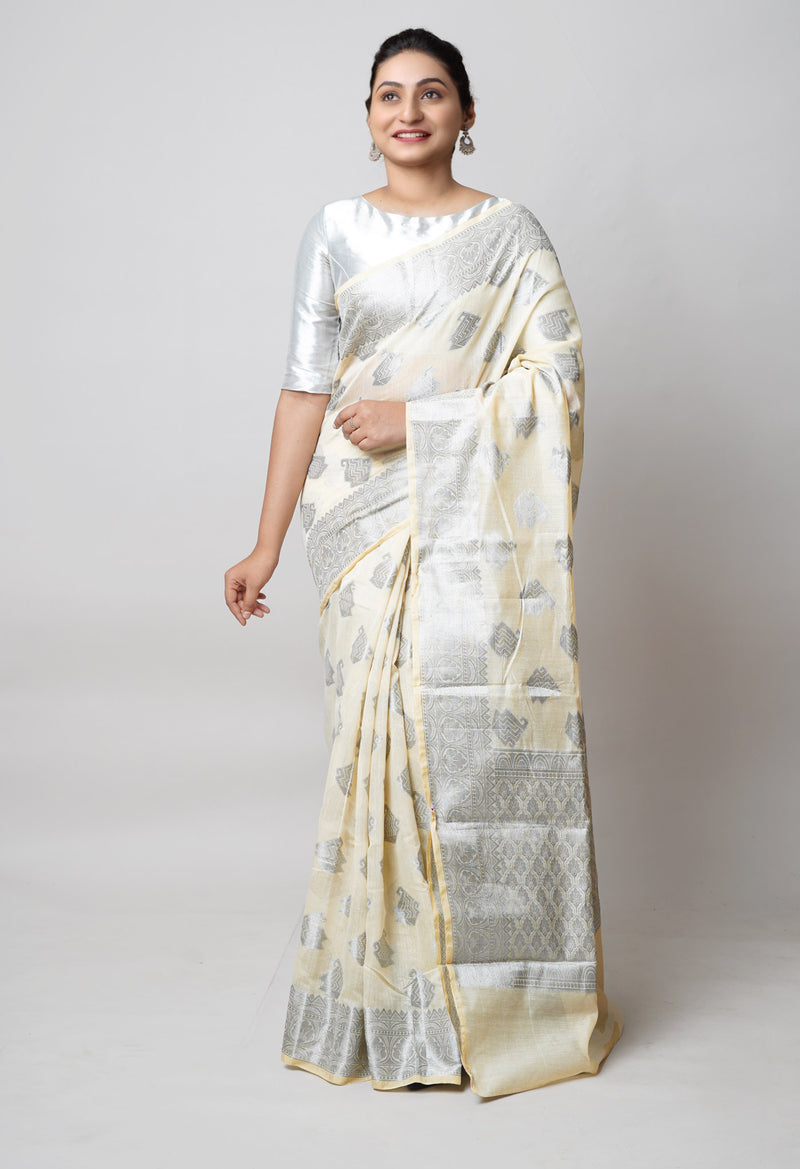Cream  Banarasi Chanderi Sico Saree-UNM73391
