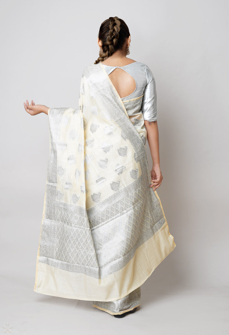 Cream  Banarasi Chanderi Sico Saree-UNM73391