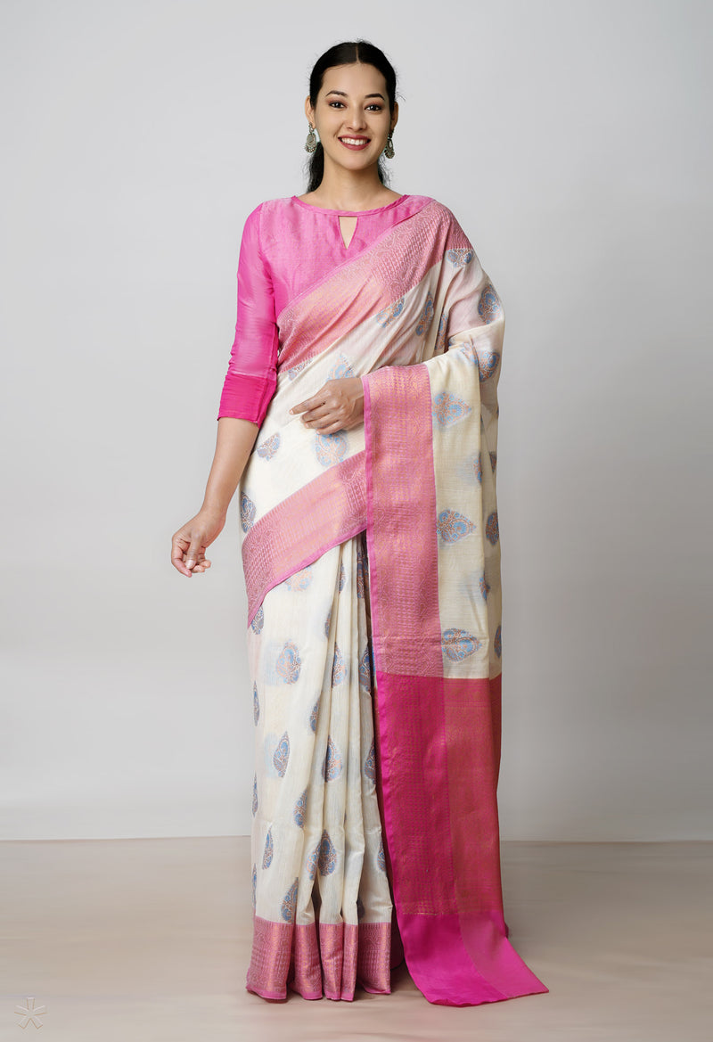 Cream  Banarasi Chanderi Sico Saree-UNM73395