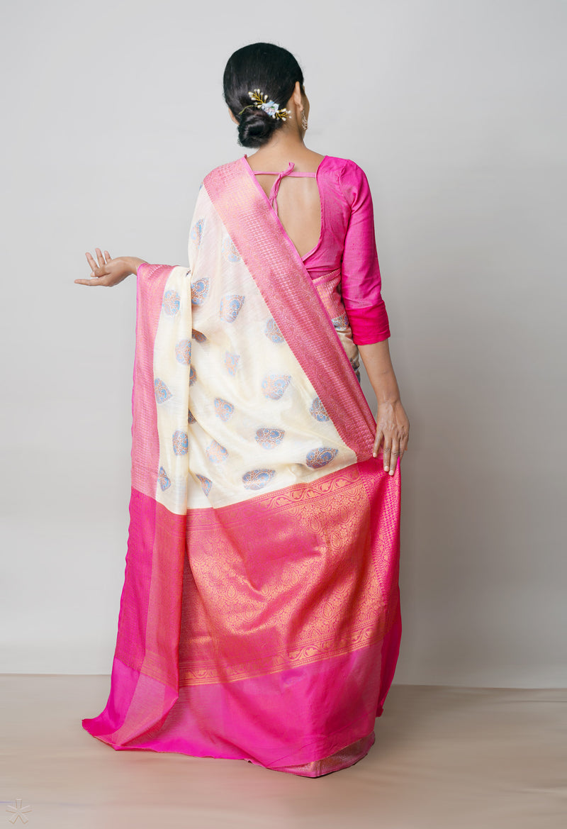 Cream  Banarasi Chanderi Sico Saree-UNM73395