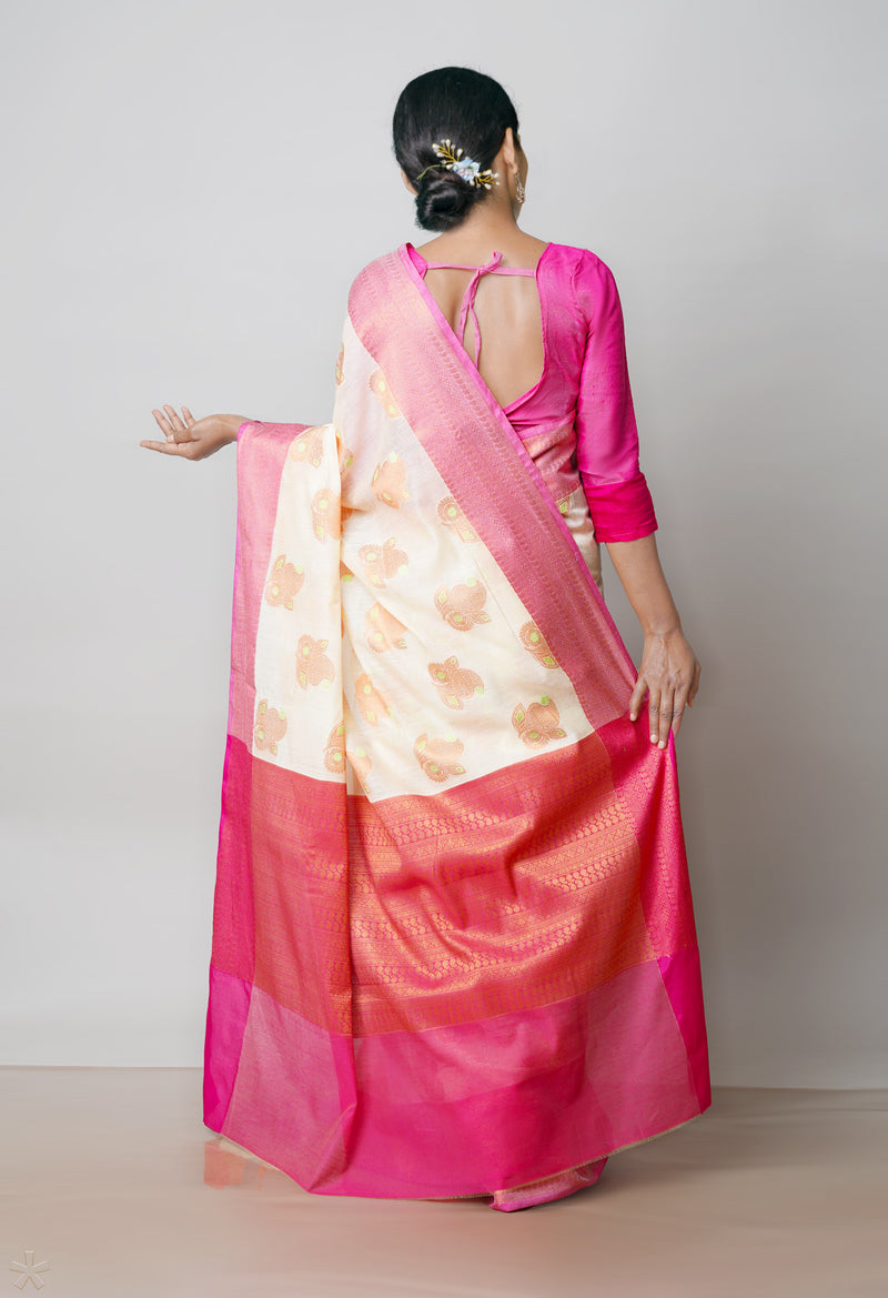 Cream  Banarasi Chanderi Sico Saree-UNM73396