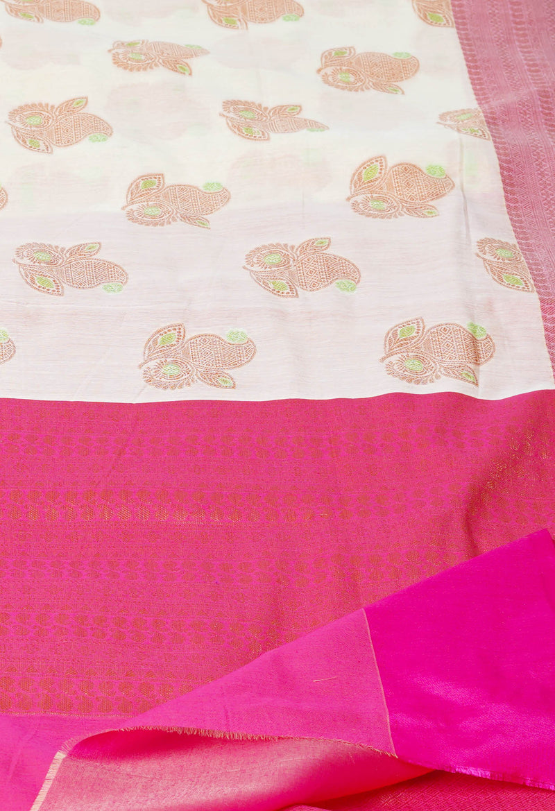 Cream  Banarasi Chanderi Sico Saree-UNM73396