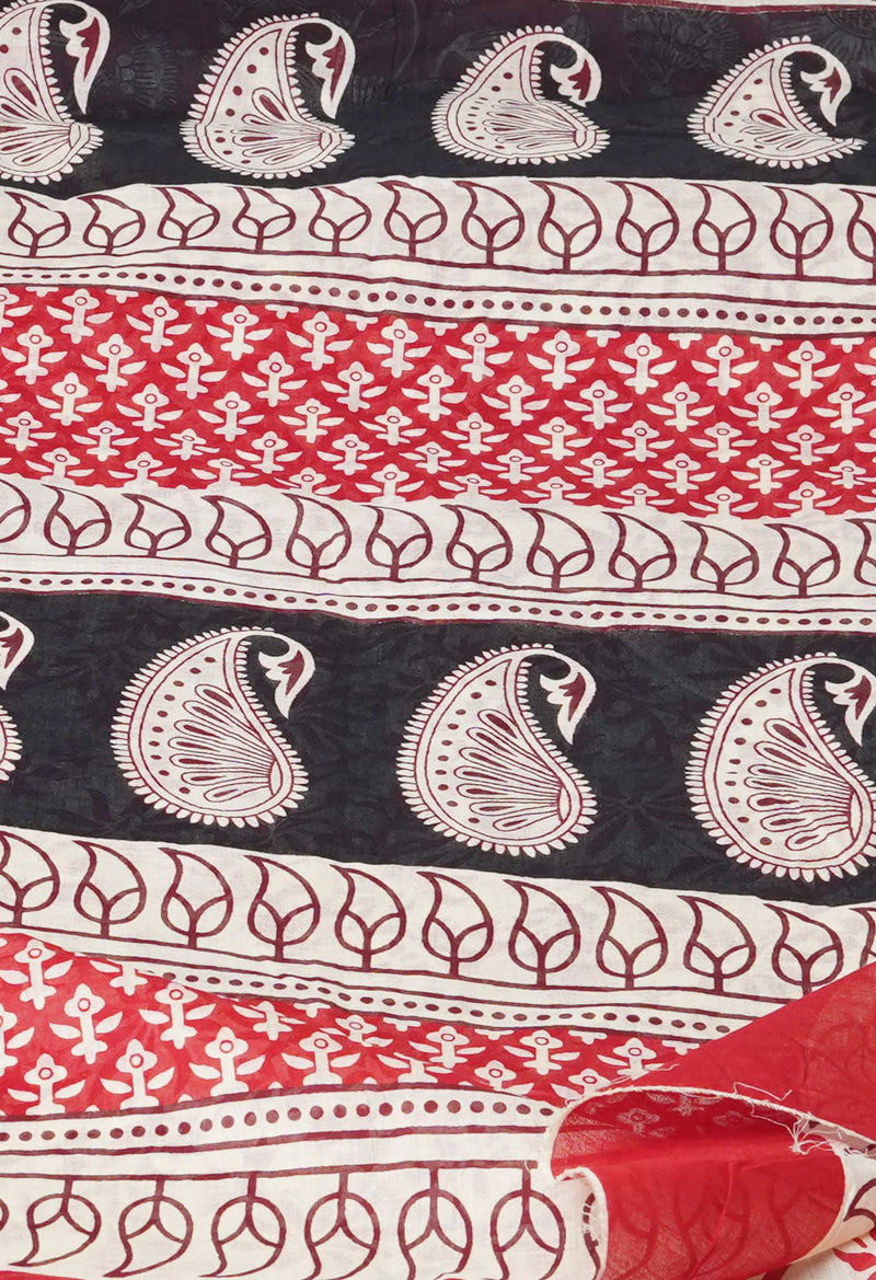 Red Pure  Ajrakh Printed Superfine Mulmul Cotton Saree-UNM73400