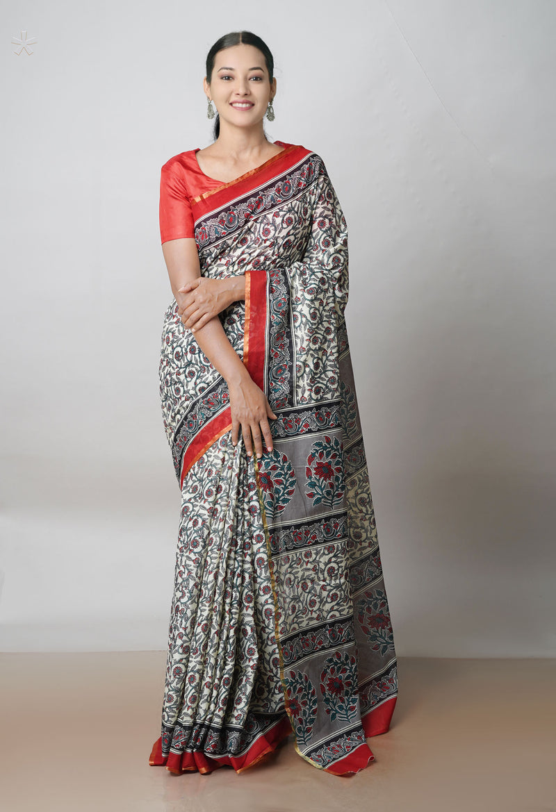 Ivory Pure  Ajrakh Printed Superfine Mulmul Cotton Saree-UNM73401