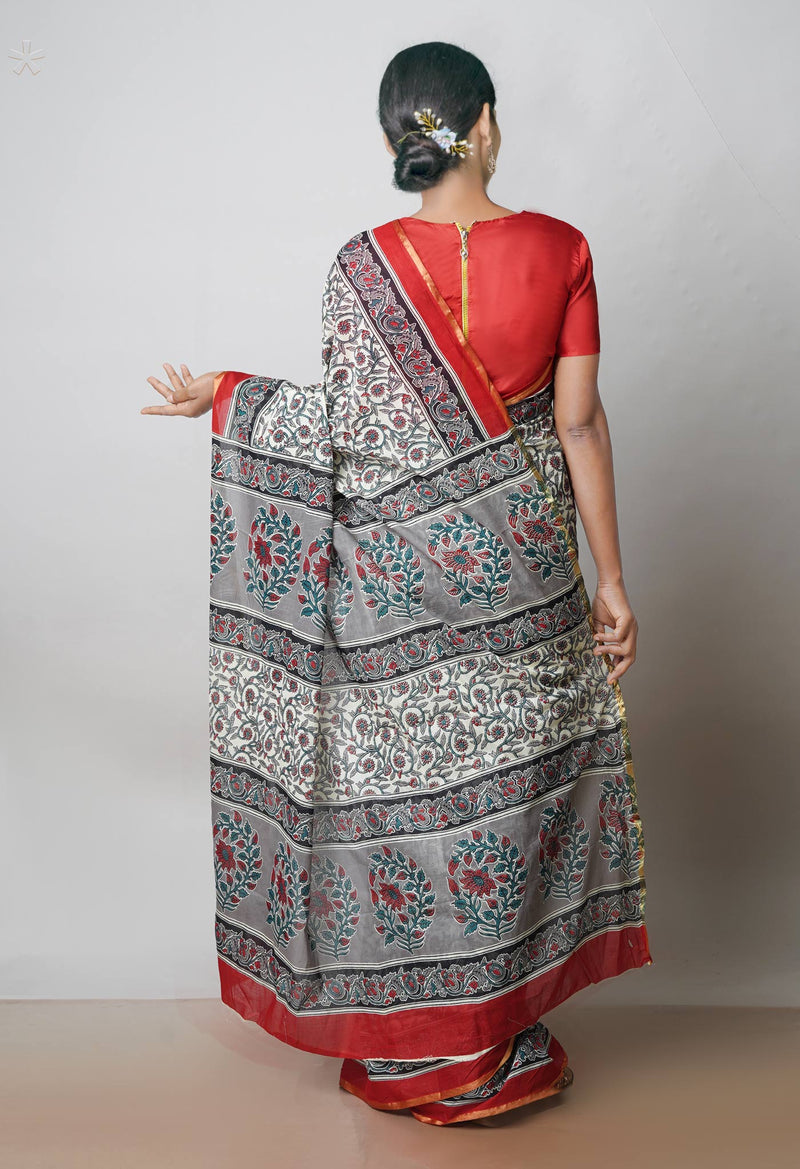 Ivory Pure  Ajrakh Printed Superfine Mulmul Cotton Saree-UNM73401