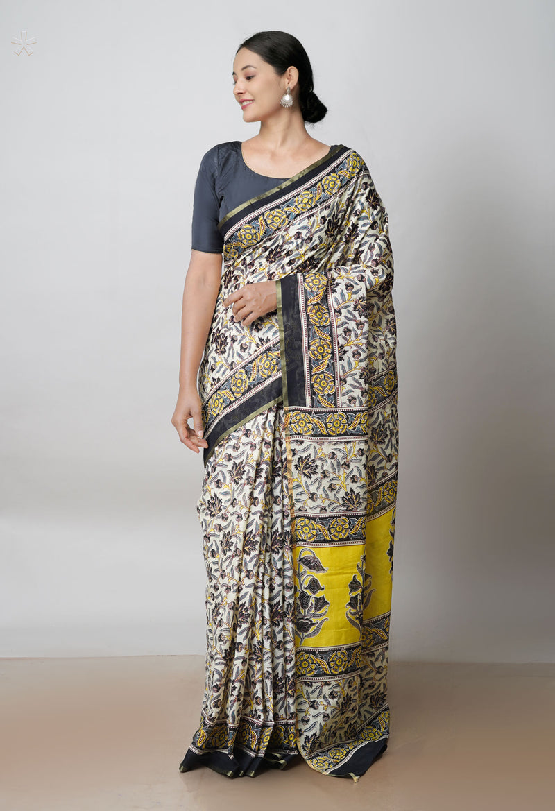 Ivory Pure  Ajrakh Printed Superfine Mulmul Cotton Saree-UNM73403