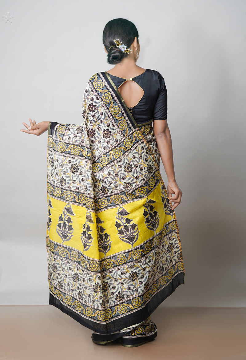 Ivory Pure  Ajrakh Printed Superfine Mulmul Cotton Saree-UNM73403