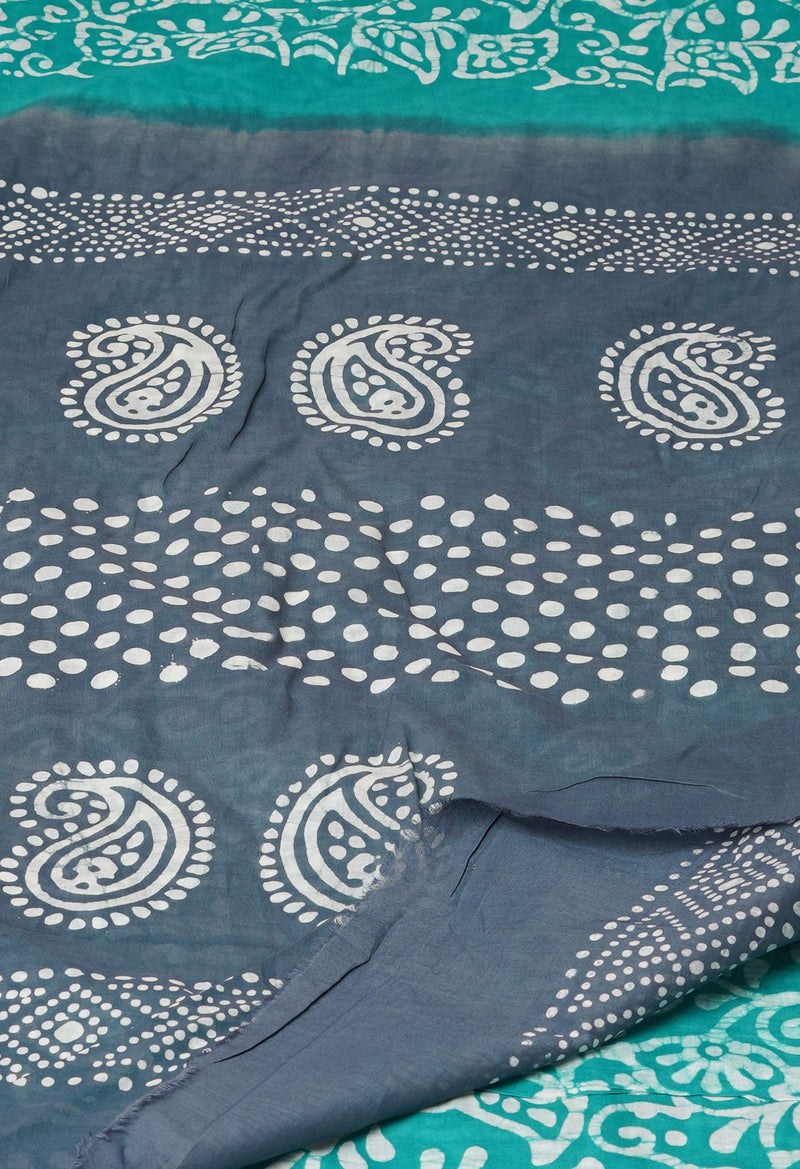 Turquoise Blue-Bluish Grey Pure  Hand Batik Printed Cotton Saree-UNM73407