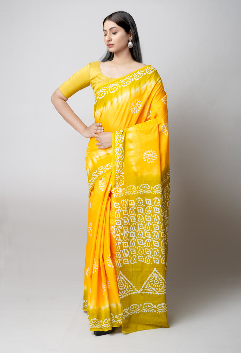 Yellow-Mehndi Green Pure  Hand Batik Printed Cotton Saree-UNM73410
