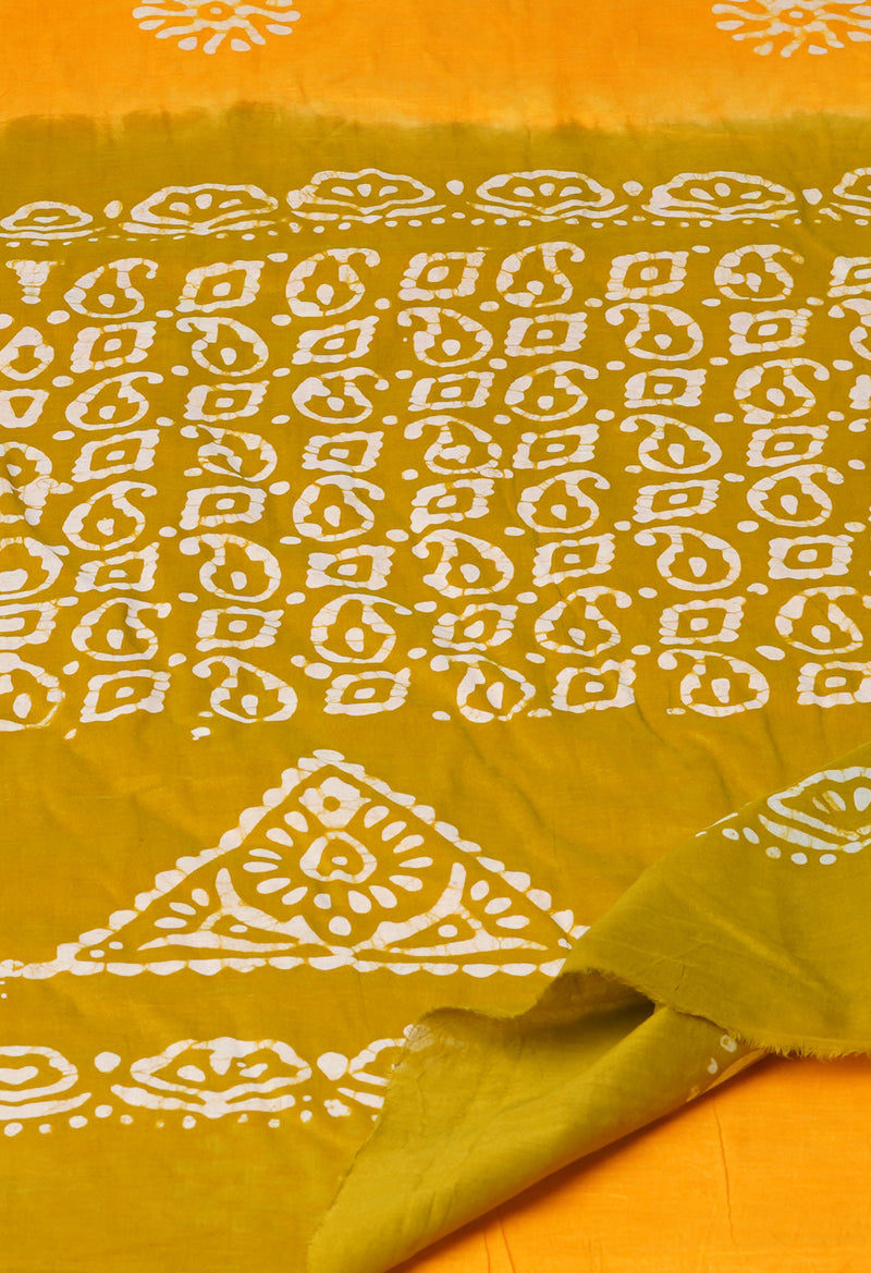 Yellow-Mehndi Green Pure  Hand Batik Printed Cotton Saree-UNM73410